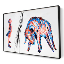 Handmade Canvas Wall Art Bull and Girl Animal Abstract Oil Painting with Metal Frame